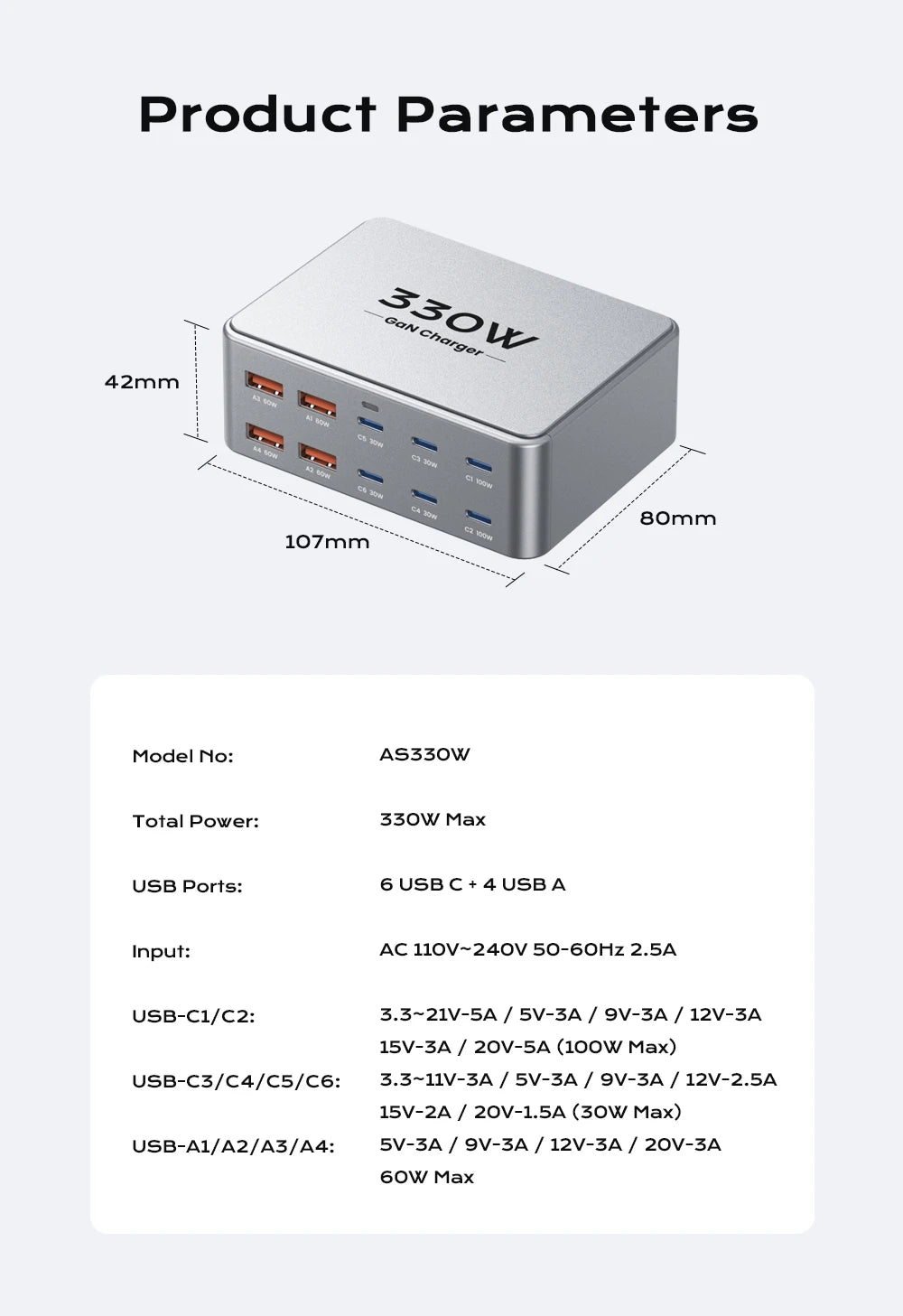 330W GaN USB C Charger 10-Port Desktop Charger Type C 100W PD3.0 PPS QC3.0 Fast Charging for MacBook Tablet Samsung iPhone 15 16