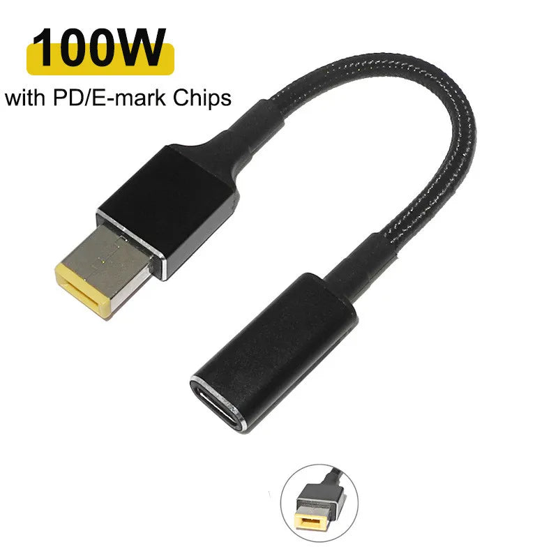 100W USB Type C Female to Square Plug Converter USB-C Fast Charging Cable Laptop Dc Power Adapter Connector for Lenovo Thinkpad