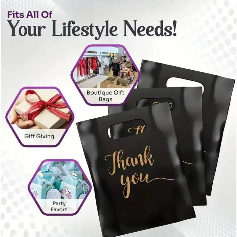 100PCS Black Thank You Bag Plastic Handheld Thank You Gift Packaging Anniversary Christmas Birthday Wedding  Party