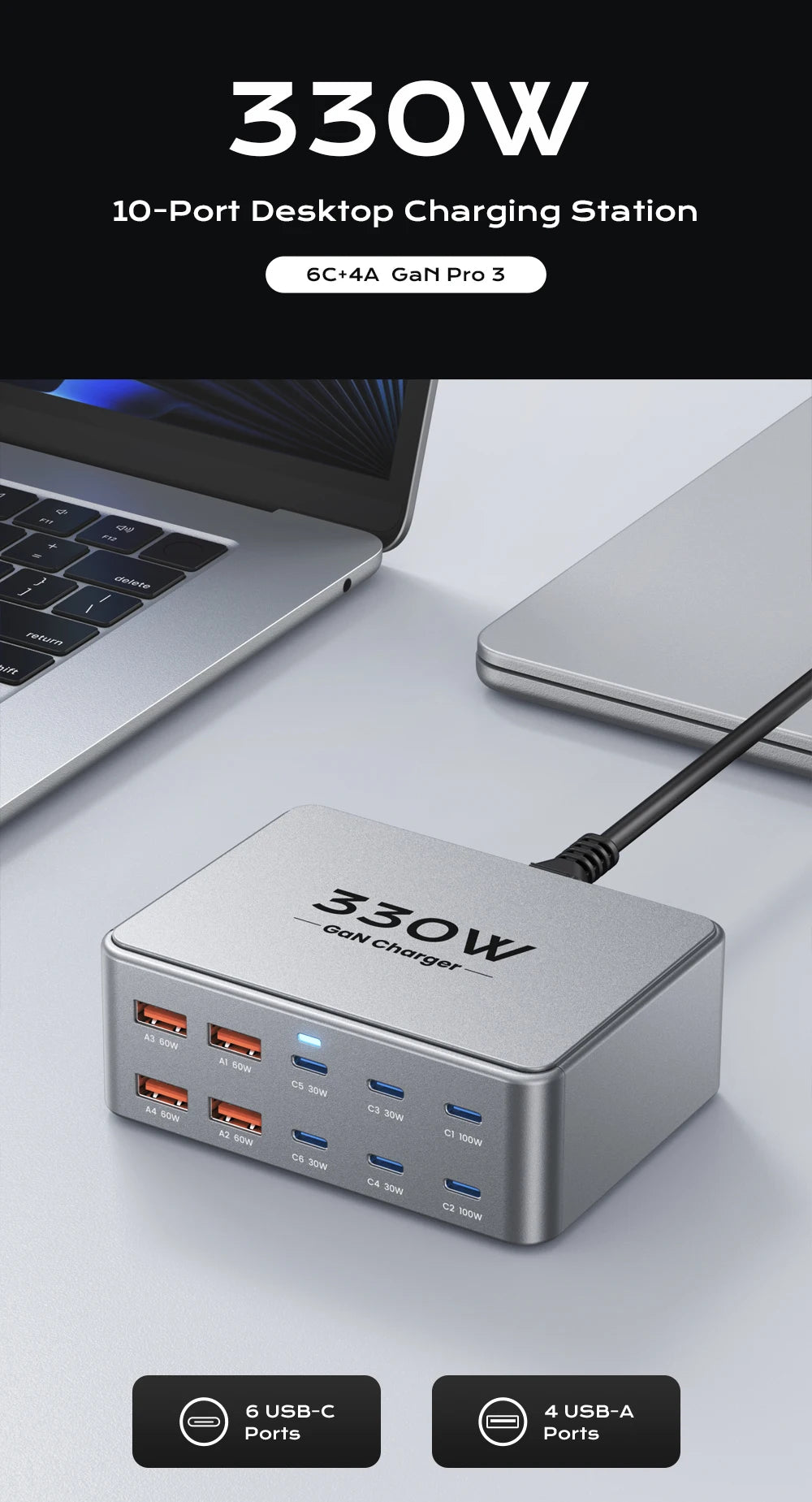 330W GaN USB C Charger 10-Port Desktop Charger Type C 100W PD3.0 PPS QC3.0 Fast Charging for MacBook Tablet Samsung iPhone 15 16