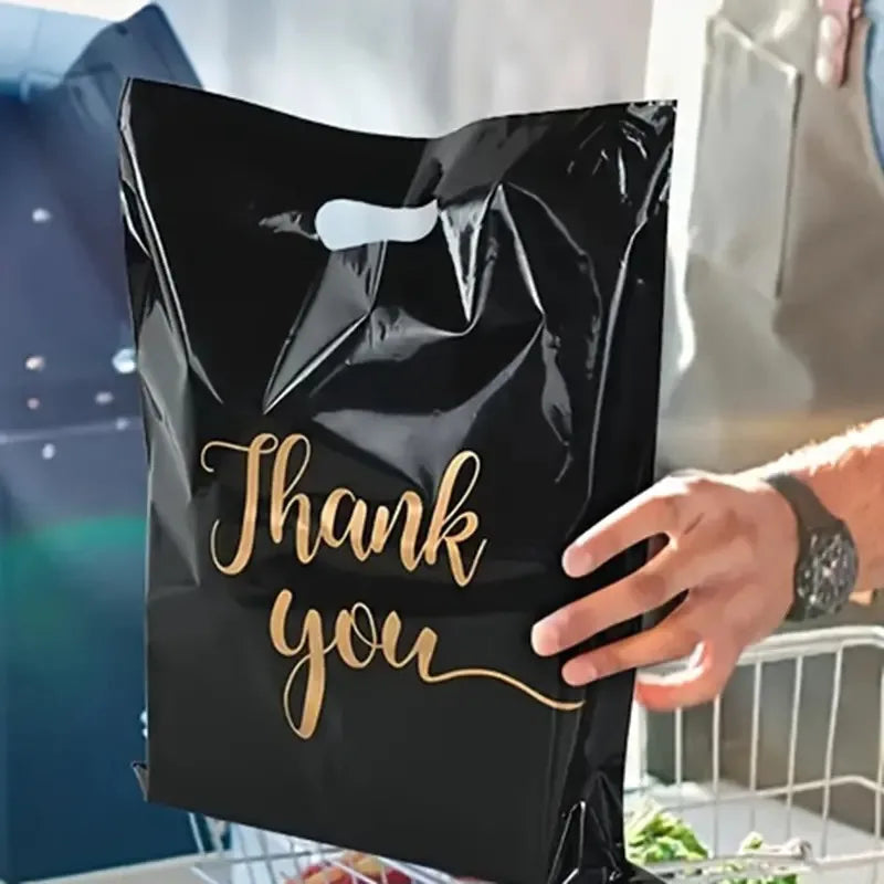 100PCS Black Thank You Bag Plastic Handheld Thank You Gift Packaging Anniversary Christmas Birthday Wedding  Party