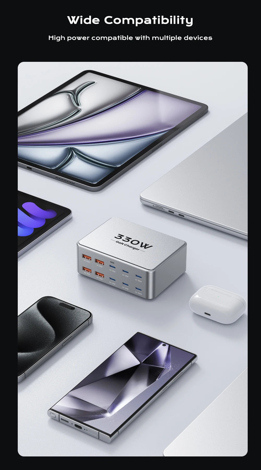 330W GaN USB C Charger 10-Port Desktop Charger Type C 100W PD3.0 PPS QC3.0 Fast Charging for MacBook Tablet Samsung iPhone 15 16
