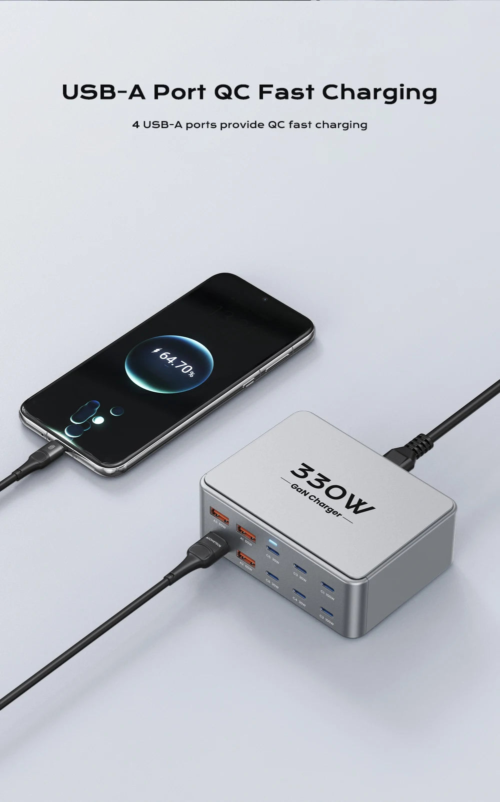 330W GaN USB C Charger 10-Port Desktop Charger Type C 100W PD3.0 PPS QC3.0 Fast Charging for MacBook Tablet Samsung iPhone 15 16